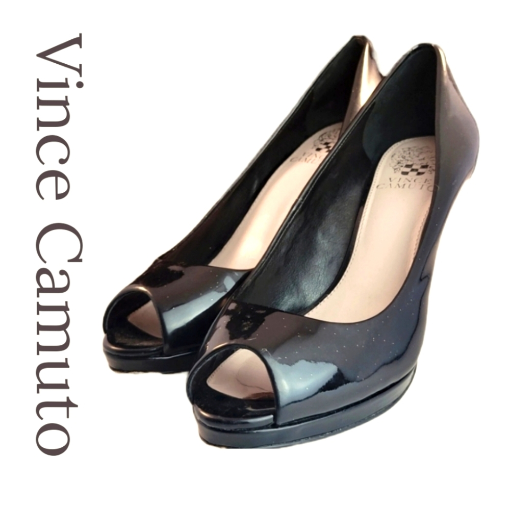 Vince Camuto, kiley,  black patent heels, peek toe, 7 1/2, 37 1/2